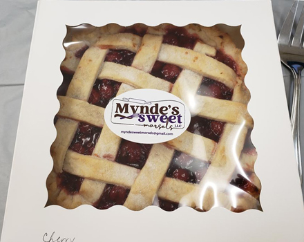 Mynde's Sweet Morsels boxed cherry pie with logo